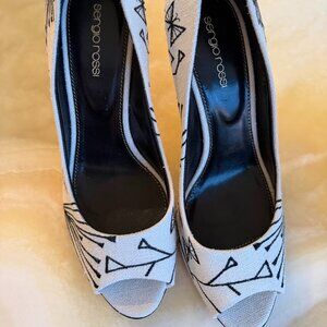 Sergio Rossi Black & White Pattern Peep Toe Heels